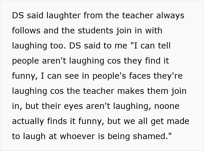Text excerpt describing a teacher pushing group shaming in class as students laugh without finding it funny.
