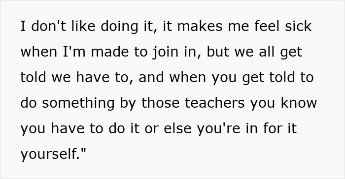 Alt text: Student describes feeling sick from group shaming in class pushed by unhinged teacher, with mom horrified after confession.