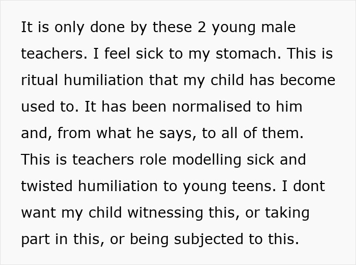 Text excerpt describing unhinged teacher pushing group shaming normalized among teens, causing parental distress.