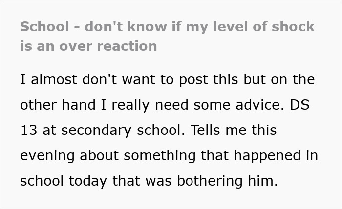 Text post showing a parent shocked and seeking advice after son reveals participation in group shaming at school.