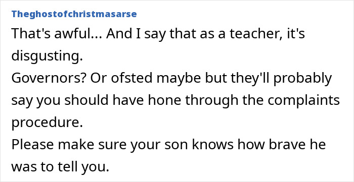 Screenshot of a comment describing a teacher pushing group shaming in class, with a mom horrified by her son&rsquo;s confession.