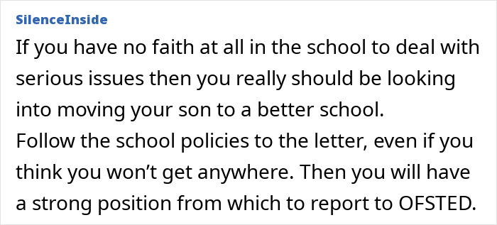 Screenshot of an online comment urging parents to consider school policies amid concerns about group shaming by a teacher.