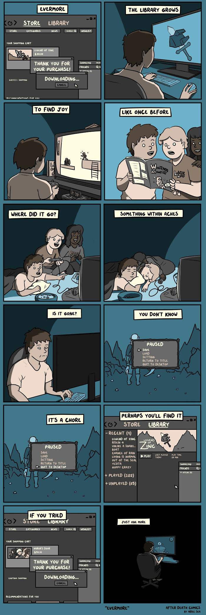 Comic panels showing a gamer buying, playing, and reflecting on a video game in a slightly weird sense of humor style.