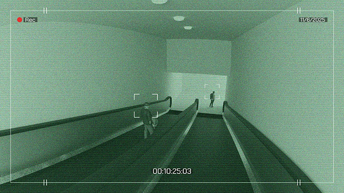 Night vision security camera footage showing two people on moving walkways in a dimly lit corridor being monitored by guards.