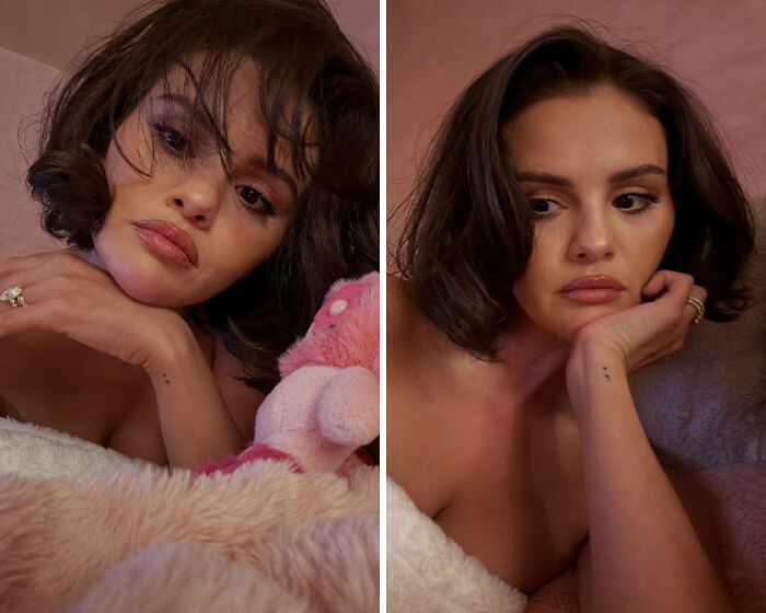 Selena Gomez with short hair posing indoors, fans blame plastic surgery for her unhinged transformation in recent snaps.