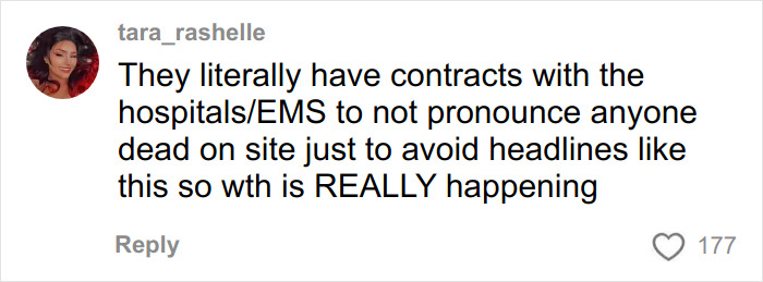 Social media screenshot about Disney World: user tara_rashelle claims hospitals/EMS avoid pronouncing dead on site, 177 likes.