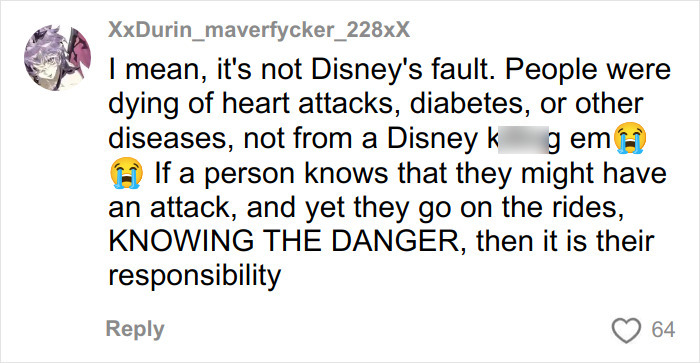 Social media comment arguing Disney World not at fault for deaths, cites heart attacks and personal responsibility
