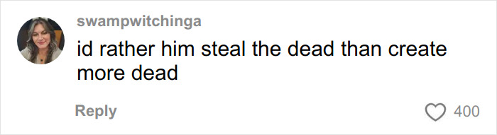 Comment expressing preference for theft over creating more dead, related to skull in man's car and chilling house discovery. Comment expressing preference for theft over creating more dead, related to skull in man's car and chilling house discovery.