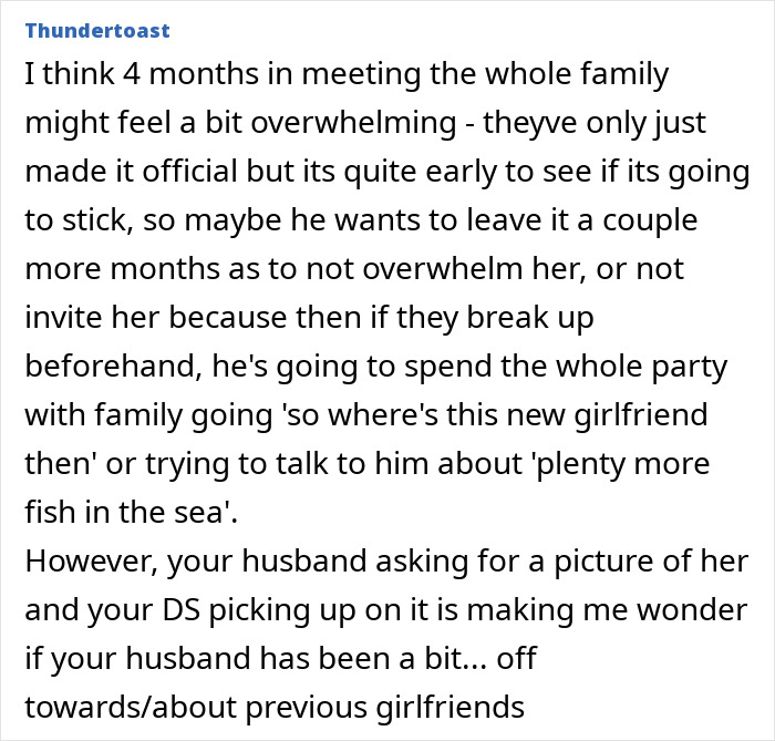 Mom invites son's girlfriend to dad's party, son reacts conflicted over timing and family dynamics.