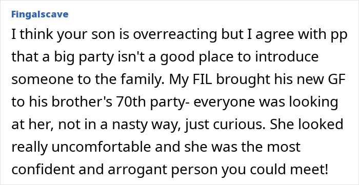 Comment discussing son's reaction to mom inviting son's girlfriend to dad&rsquo;s party seen in a forum post.