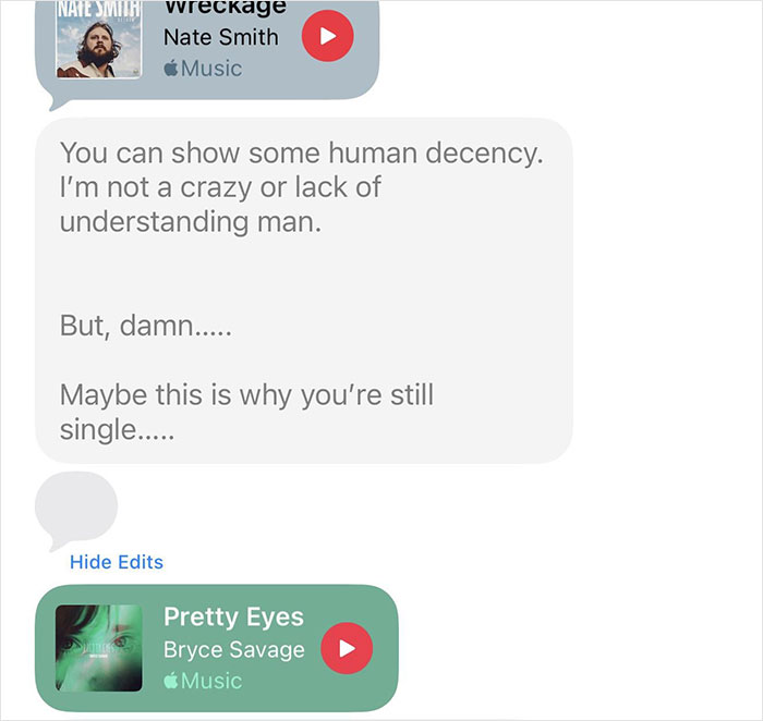 Text message conversation showing a strange guy's relationship comments with music links in a chat bar interface.
