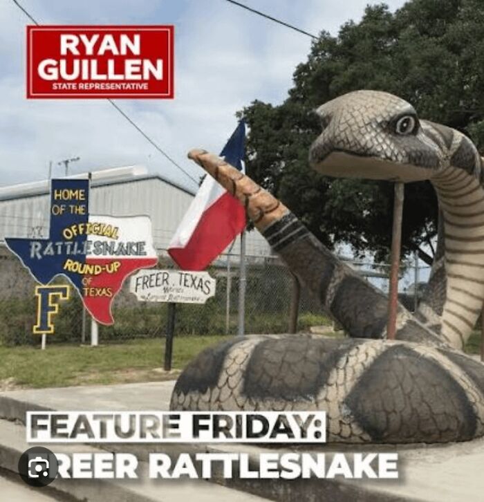 Large rattlesnake statue in Freer Texas, highlighting strange traditions from around the world involving rattlesnakes.
