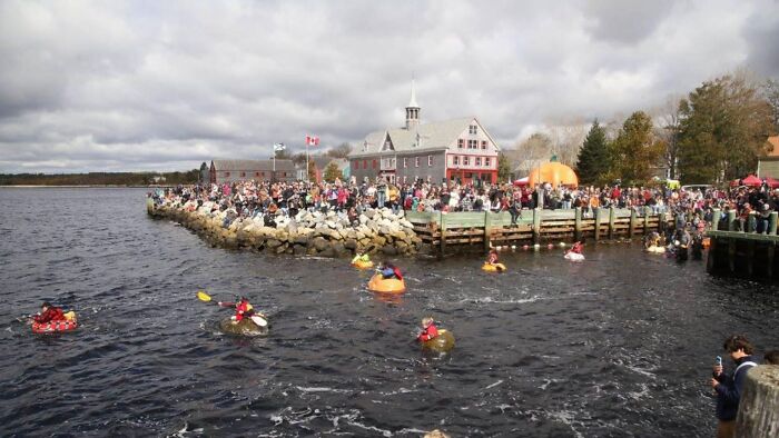 Crowd gathered by the waterfront watching participants in strange traditions from around the world floating in the water.
