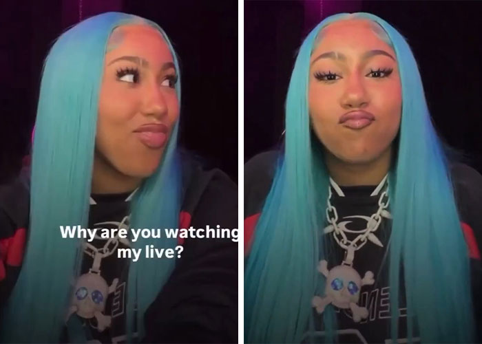Woman with long blue hair making expressive faces on a livestream, capturing viral moments amid parenting controversy.