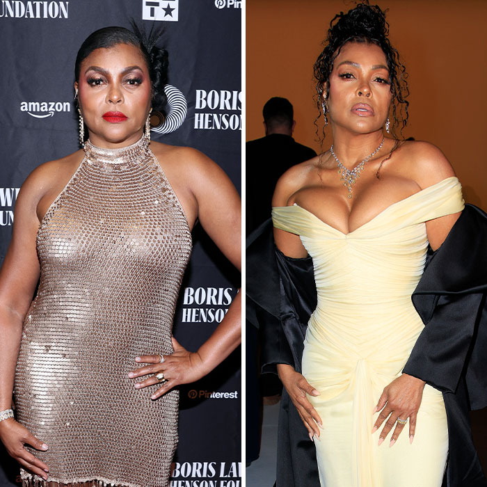 Taraji P. Henson posing in metallic and yellow dresses, fans noting noticeable face changes sparking concern.