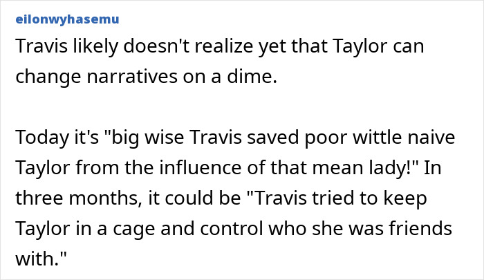 Comment discussing Travis Kelce and Taylor Swift&rsquo;s changing narratives amid reports involving Blake Lively.