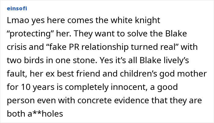 Alt text: Social media comment discussing Blake Lively&rsquo;s role in Taylor Swift and Travis Kelce wedding rumors.
