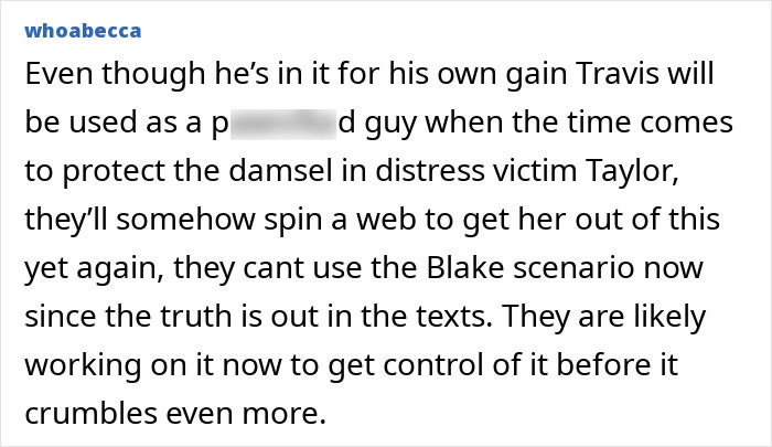 Comment discussing Taylor Swift's wedding to Travis Kelce possibly being called off due to Blake Lively situation.