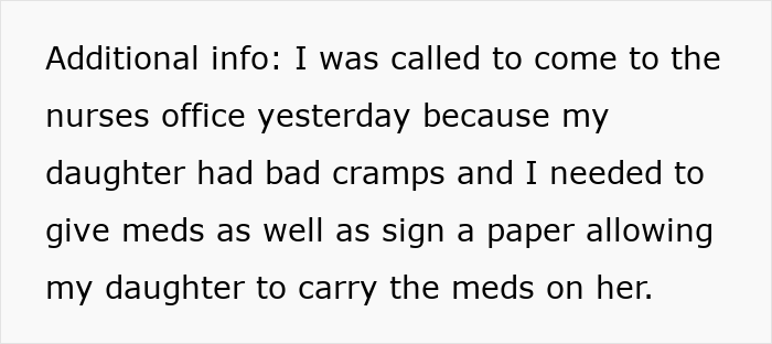 Text excerpt showing a mom called to the nurse&rsquo;s office due to daughter&rsquo;s cramps and medication authorization request.