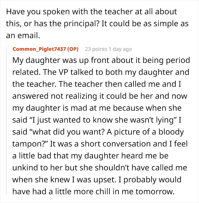 Mom struggles to contain her rage after teacher ignores daughter's emergency about period-related issue.