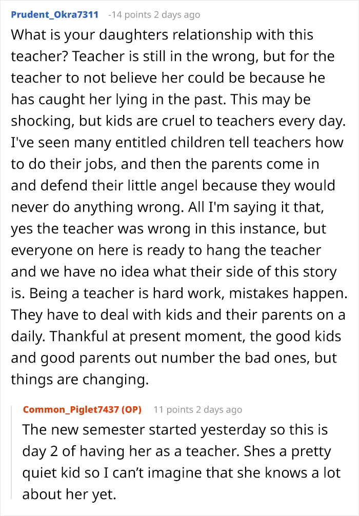 Comments discussing a mother&rsquo;s rage after a teacher ignores her daughter&rsquo;s emergency in a school setting.