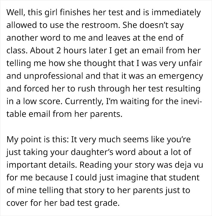 Text excerpt showing a mom&rsquo;s frustration after teacher ignores daughter's emergency during test, awaiting parents&rsquo; email.