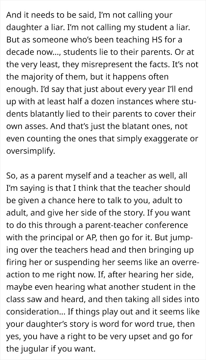 Text excerpt discussing a teacher&rsquo;s perspective on students lying and a parent-teacher conflict over an emergency.