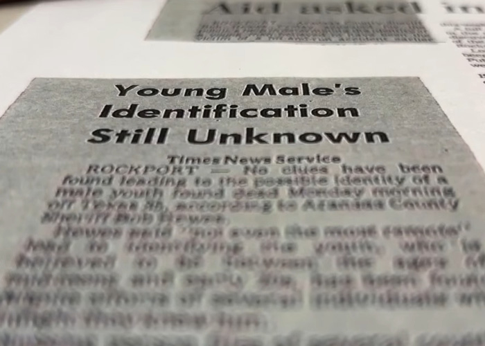 Closure: close-up of newspaper clipping about Dallas missing persons case and unidentified young male Closure: close-up of newspaper clipping about Dallas missing persons case and unidentified young male