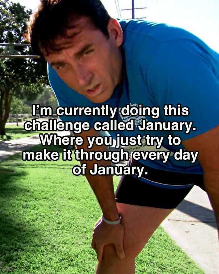 Man in blue shirt leaning forward outdoors with meme text, a popular meme inspired by the TV series The Office.