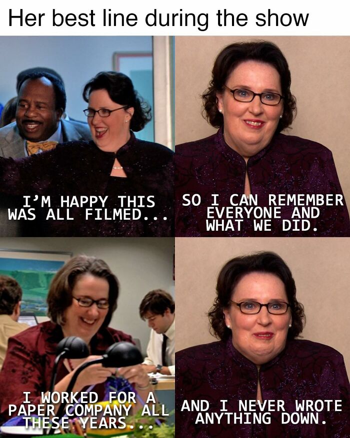 Four scenes from the TV series The Office featuring a woman with glasses delivering a memorable line.