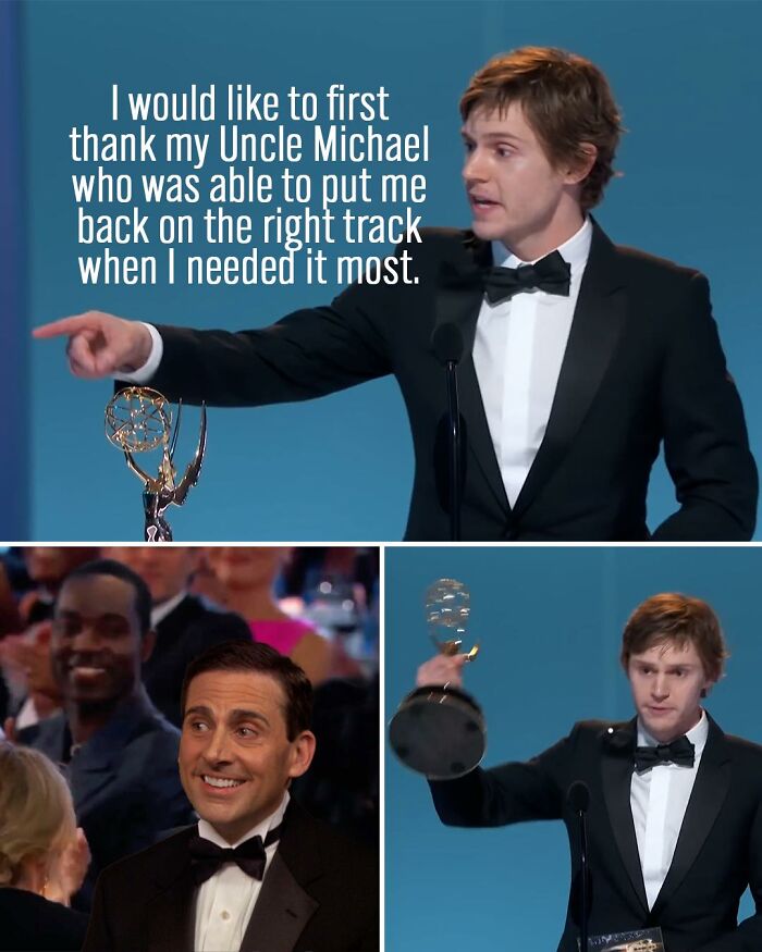 Actor Evan Peters holding an Emmy and Michael Scott smiling, meme inspired by The Office TV series characters.