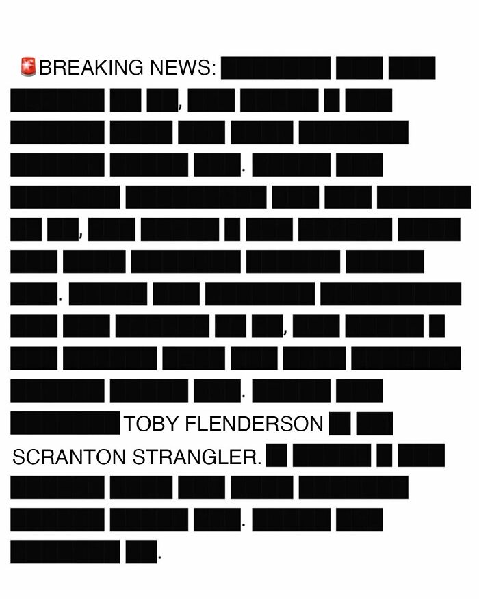 Meme parodying The Office with redacted text and a humorous mention of Toby Flenderson as the Scranton Strangler.