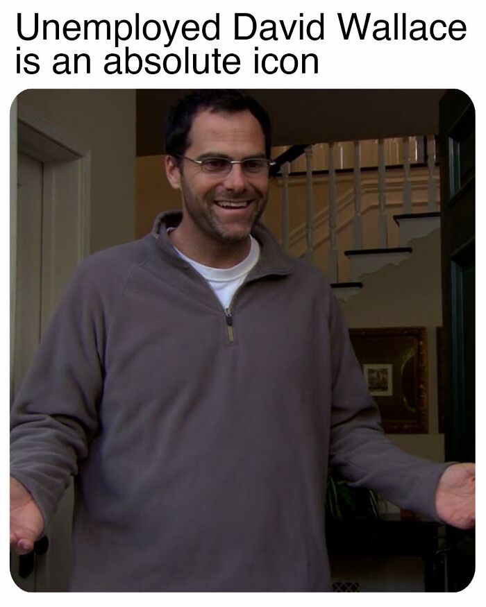 Man smiling and shrugging inside a house, featured in popular memes inspired by the TV series The Office.