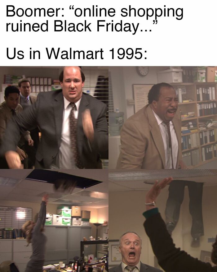 Scenes from The Office showing characters rushing and reacting humorously, inspired by popular memes about the TV series The Office.