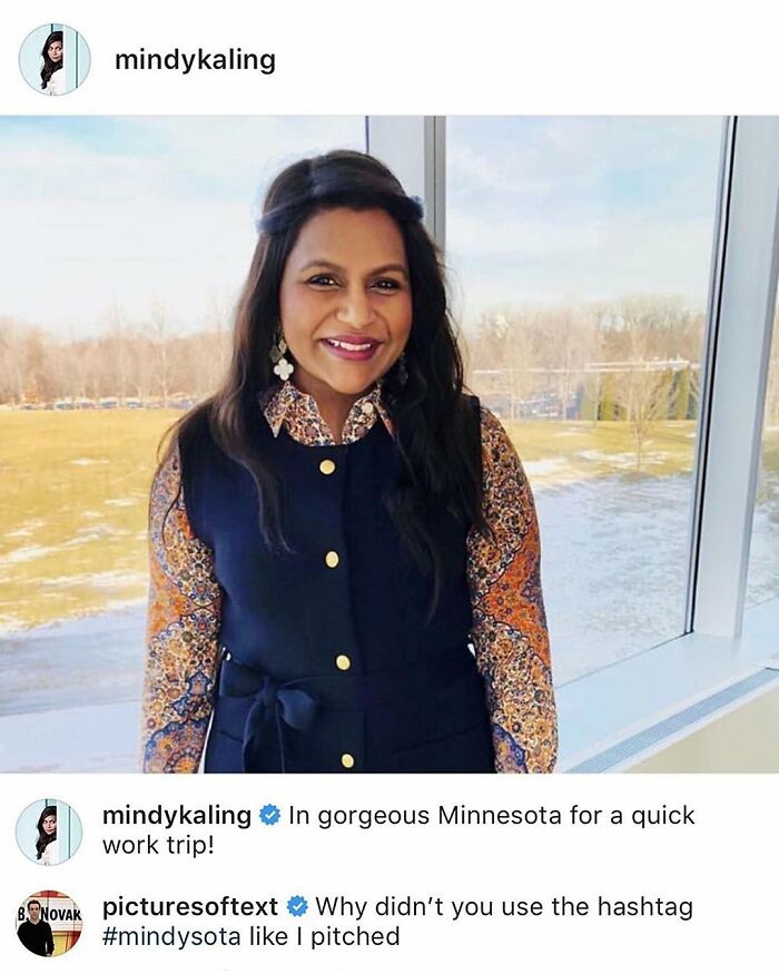 Mindy Kaling smiling indoors by a window with a snowy field outside, featured in memes inspired by The Office.