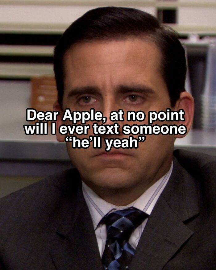 Michael Scott from The Office looking serious with a meme about texting errors inspired by the TV series.