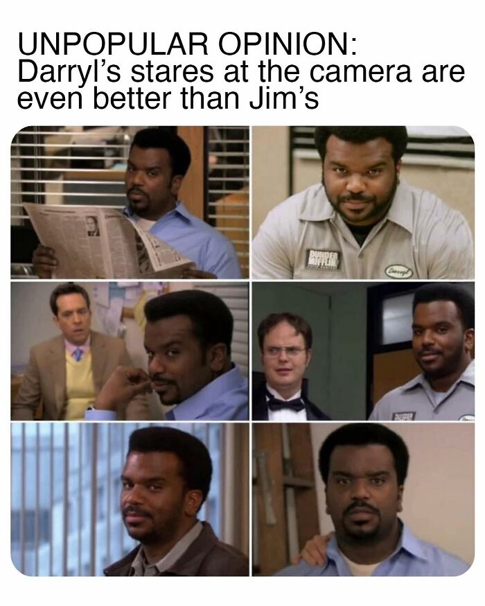 Darryl from The Office giving various intense and humorous stares at the camera, showcasing memorable TV series moments.