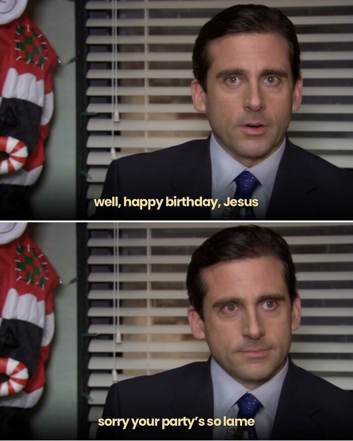 Michael Scott from The Office in a meme saying happy birthday Jesus and commenting on a lame party in an office setting.