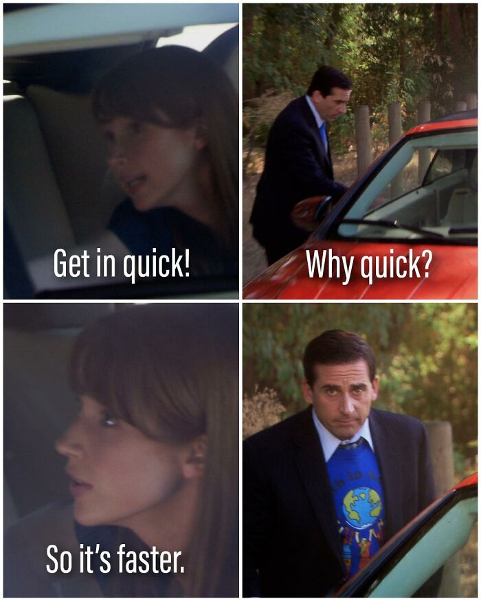Meme featuring characters from The Office with humorous text showing a quick car scene inspired by the TV series.