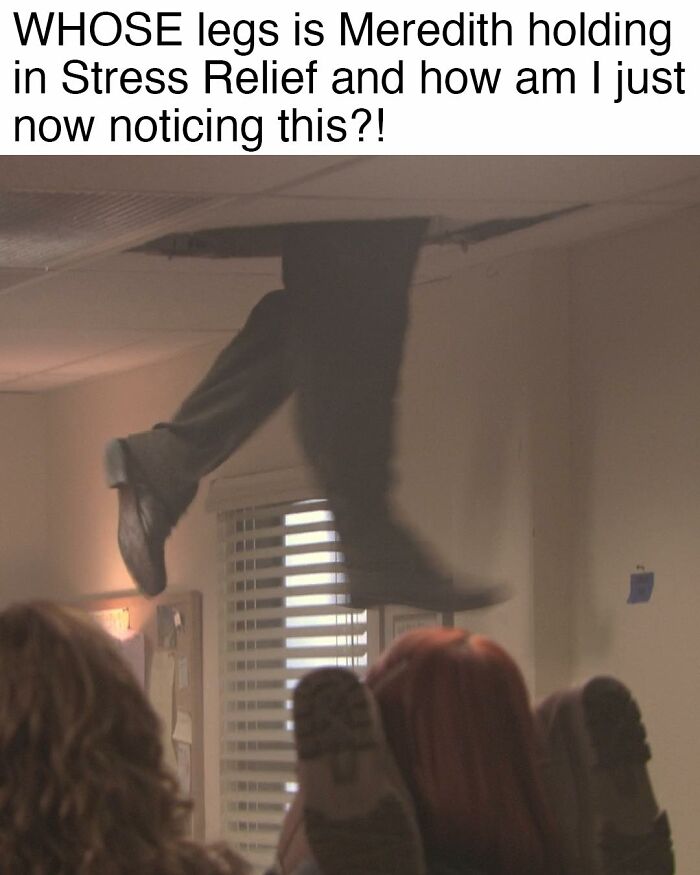 Legs hanging through ceiling during the Stress Relief scene in The Office, a popular meme inspired by the TV series.