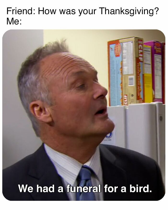 Man in a suit making a humorous face with a meme about Thanksgiving, part of popular memes inspired by The Office TV series.