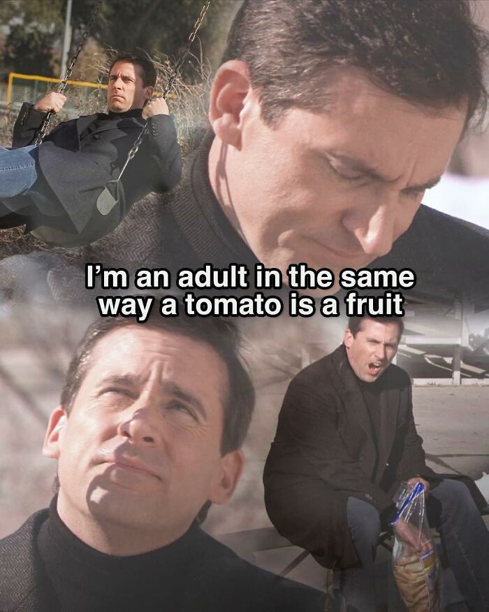 Michael Scott from The Office with confused expressions, captioned with a humorous meme about adulthood and tomatoes.