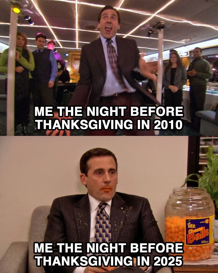 Scene from The Office showing a humorous meme with main character Michael Scott referencing Thanksgiving nights.