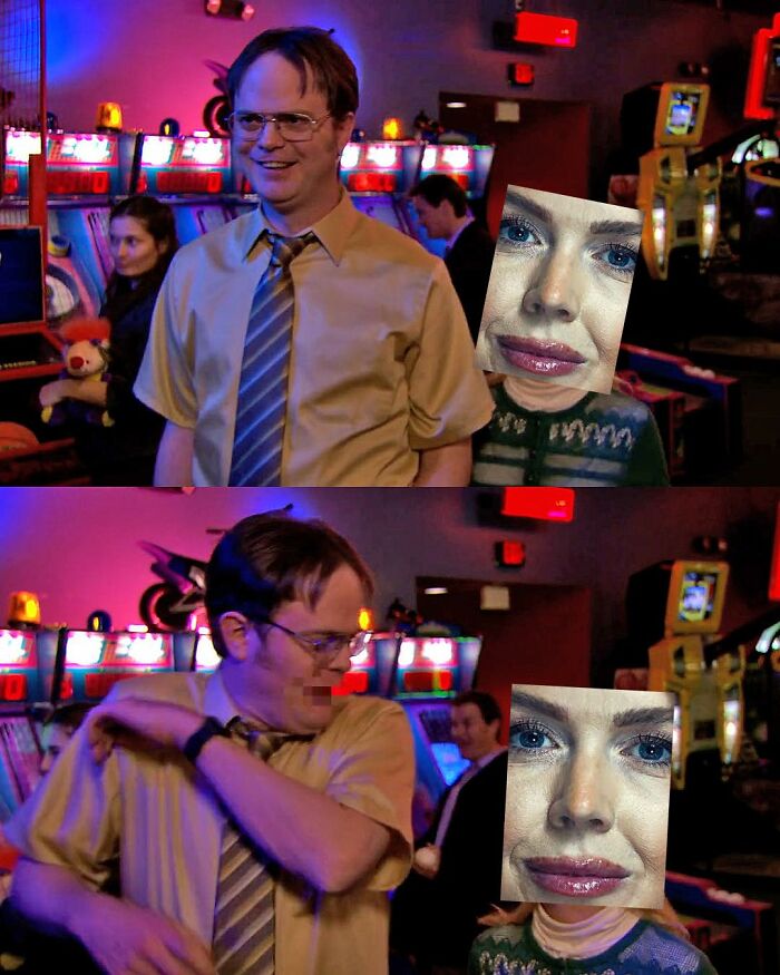 Character Dwight Schrute from The Office at an arcade with a humorous edited face meme in a brightly lit scene.
