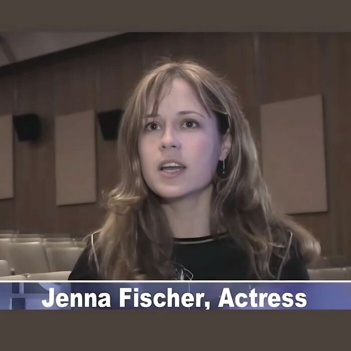 Jenna Fischer speaking in an interview setting, related to memes inspired by the TV series The Office.