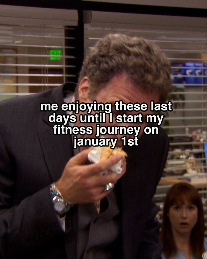 Man eating food in an office scene from popular TV series meme inspired by The Office that makes people laugh.