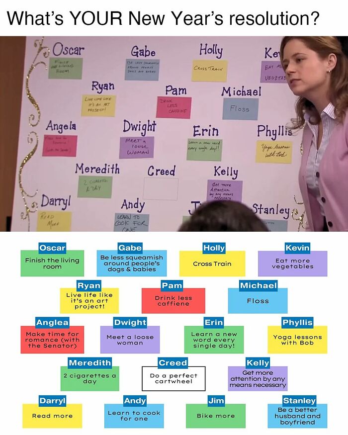 New Year's resolutions board with characters from The Office and humorous goals in colorful sticky notes.