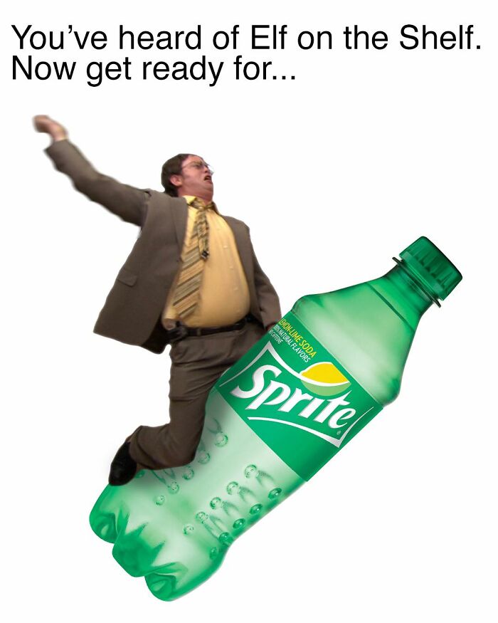 Man in a suit jumping onto a large Sprite bottle, a meme inspired by the TV series The Office humor.