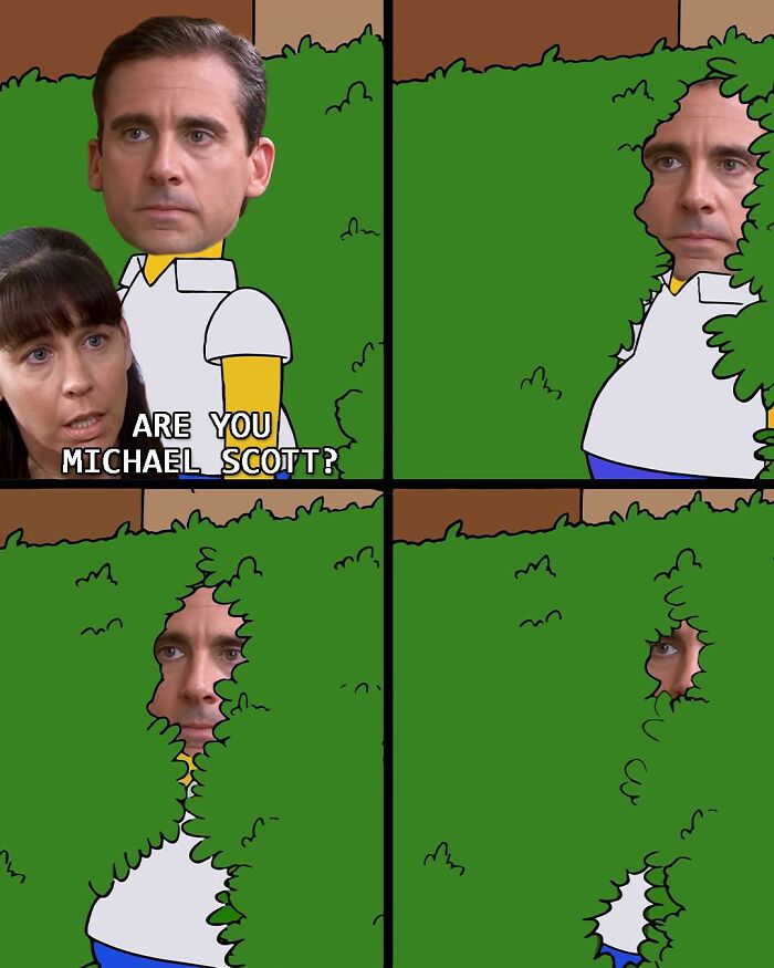 Meme inspired by The Office showing Michael Scott awkwardly retreating into a bush, with a caption asking if he is Michael Scott.