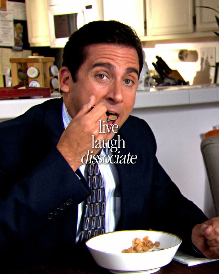 Man in a suit eating cereal at kitchen table in a meme inspired by the TV series The Office humor and quotes.